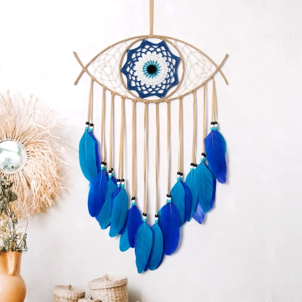 Macrame Evil Eye Dream Catcher Hand-Woven White Feathers Dreamcat