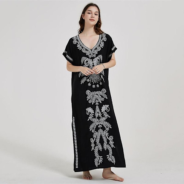 Kvinders Strandbluse Broderet Strandkjole Lang Kjole Cover-up Kjole Sommerkjoler Sort Hvid