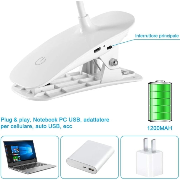 Barnebordlampe, USB-oppladbar klipsbarnelampe, 3 justerbare fargetemperaturer og lysstyrke for seng, barn, lesing