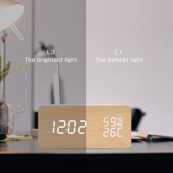LED Digital Vækkeur Dato Luftfugtighed Temperatur Træ Look Dekorativt Ur Alarm