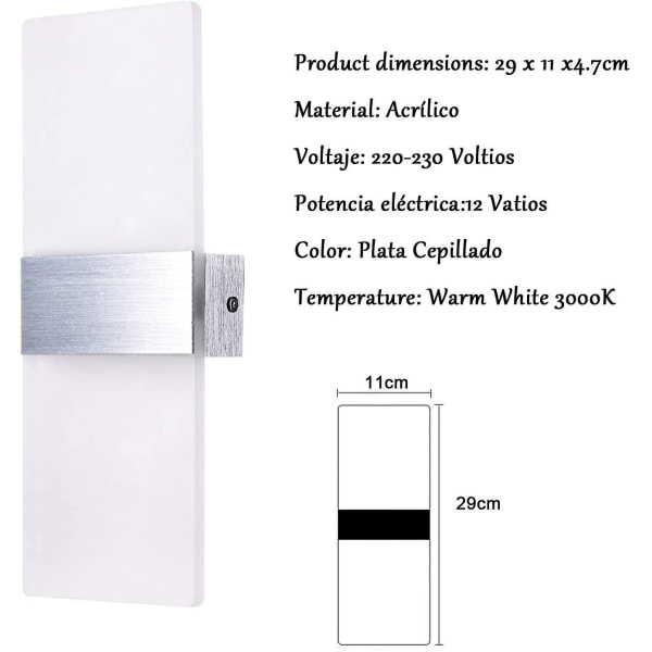 2 Pack Vägglampa Led Interiör 12W Varm Vit 3000k Ac 230V Akryl Vägglampa Design Modern Dekoration Väggarmatur（2）