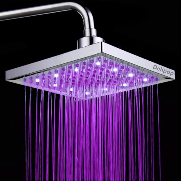LED-dusjhode, 8 tommers firkantet temperaturkontroll, 3 fargeendringer ABS kromfinish, 12 stk LED-dusjhode for bad
