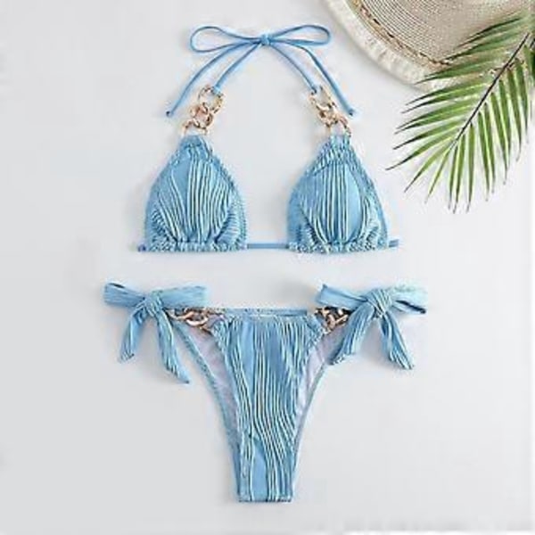 Dam Triangel Bikini Set Högt Skurna Knytsidor 2-delad Baddräkt String Halter Bikini Baddräkter Vit L White L
