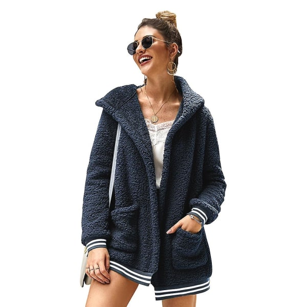 Kvinnors Oversize Fleece Plyschjacka Långärmad Cardigan Ytterkläder Teddyjacka（M Blå）