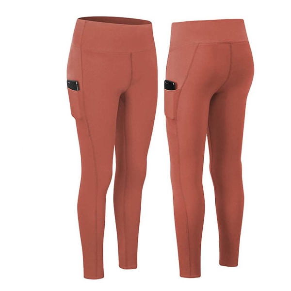 Kvinners høye midje sidelomme tights sports leggings yoga bukser（6(M) rød）