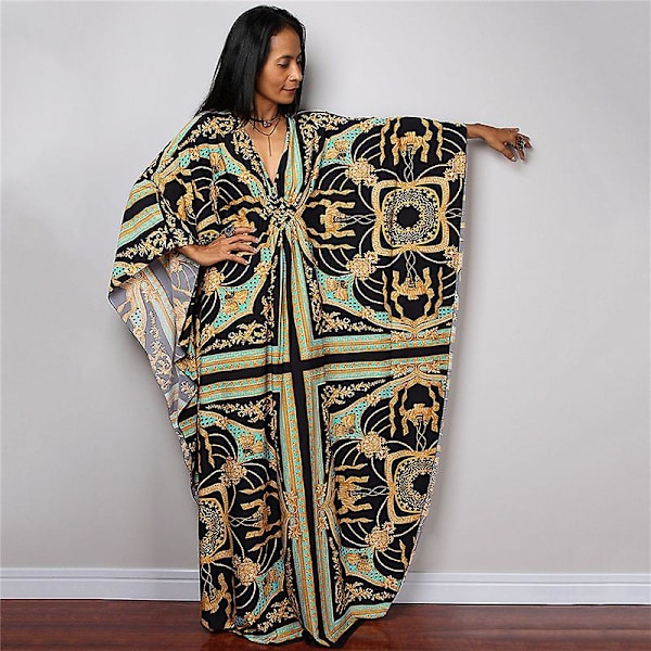 Kvinnors tryckta maxiklänning fladdermusärm strandklänning plus size solklänning strandkläder kaftan cover-ups Dn0533