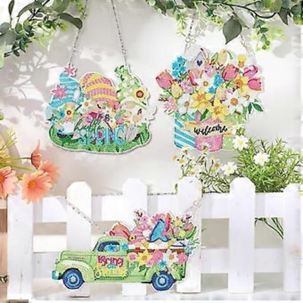 3 st Vårgnom Diamantkonst Kit DIY Vår Diamantmålning Kit Gnom Diamant Hängande Skylt Blommor Kristallgnom Vår för Vuxna Nybörjare Diamo