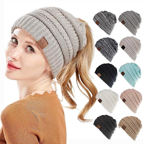 Damer Vinterhat Strikket Hjelm Beanie Udendørs Løber Roddet Bun Ponytail Cap（C）