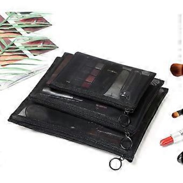 4 stk. Sorte Mesh Makeup Kosmetiktasker Net Lynlås Toiletartikler Tasker Klar Eksamen Blyant