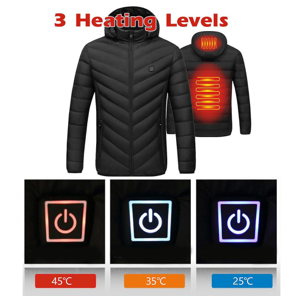 Elektrisk opvarmet jakke unisex  3 opvarmningsniveauer Usb opvarmning bomuldsjakke vintercykling（2XL）