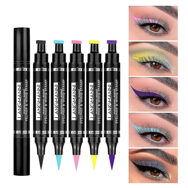 Eyeliner-stempel, dobbeltsidig vanntett flytende eyeliner-penn, 5-farget vinget eyeliner-stempelsett, for alle øyeformer, vinget eyeliner-stempel, perfekt vinge