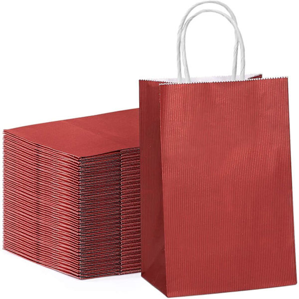 50 stk. Kraft gaveposer, 13,3 x 9,5 x 20,3 cm, brune indkøbsposer af papir med snoede håndtag til festartikler (rød)