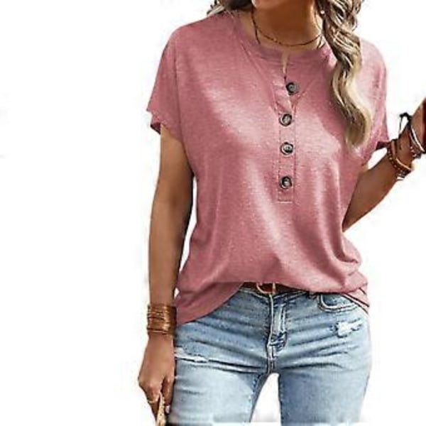 Naisten O-aukkoinen Henley-paita, rento yksivärinen lyhythihainen T-paita, väljästi istuva pusero muoti kesätoppi Pinkki XL (PinkkiXL) Pink XL