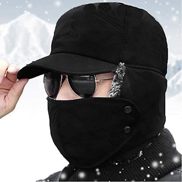 Unisex Talvi Lämmin Trapper Hat 3 In 1 Tekoturkis Bomber Hat Korvanläpät Irrotettavalla Maskilla Tuulenpitävä Sotilas Hattu (Musta)