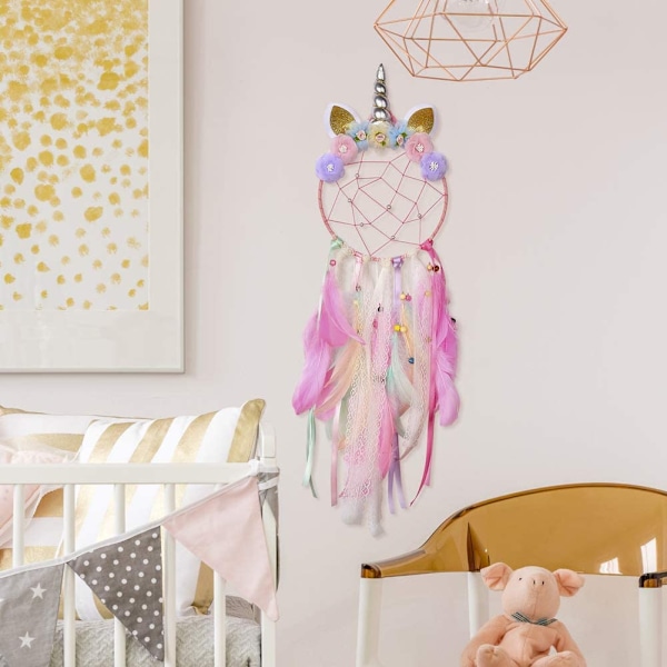 Drömfångare Barn Attrape Reve Licorne Handgjord Enhörningsdrömfångare för Barnrumsinredning 20x72cm, Rosa