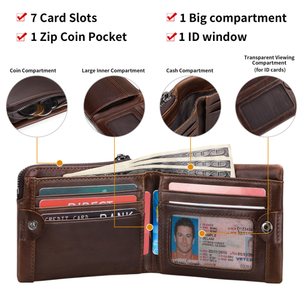 Portefeuille homme portefeuille homme RFID anti-vol brosse cuir cuir portefeuille domstol multi-cartes vintage zip clip argent