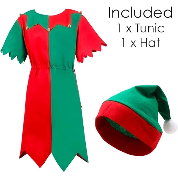 Adults Elf Costume - Green And Red Elf Tunic + Matching Hat With