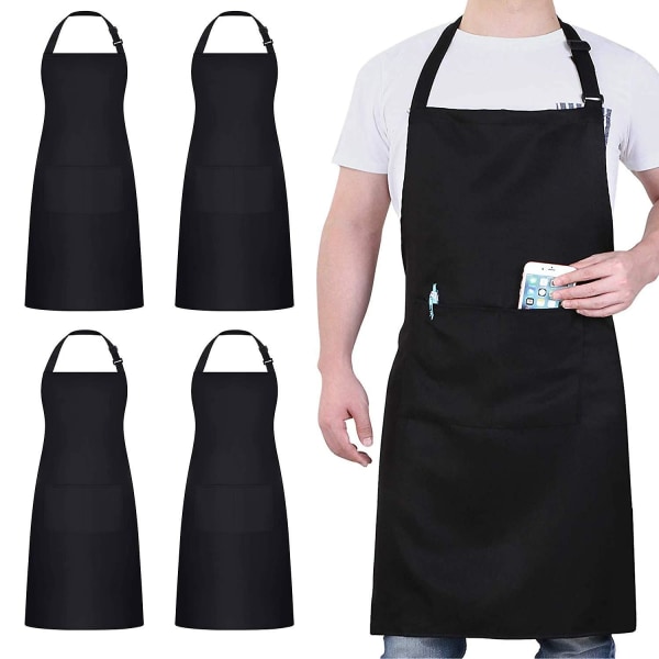 4 Packs Chef Apron, Black Apron With 2 Pockets, Waterproof Adjustable Apron For Men Women Perfect For Kitchen Cooking