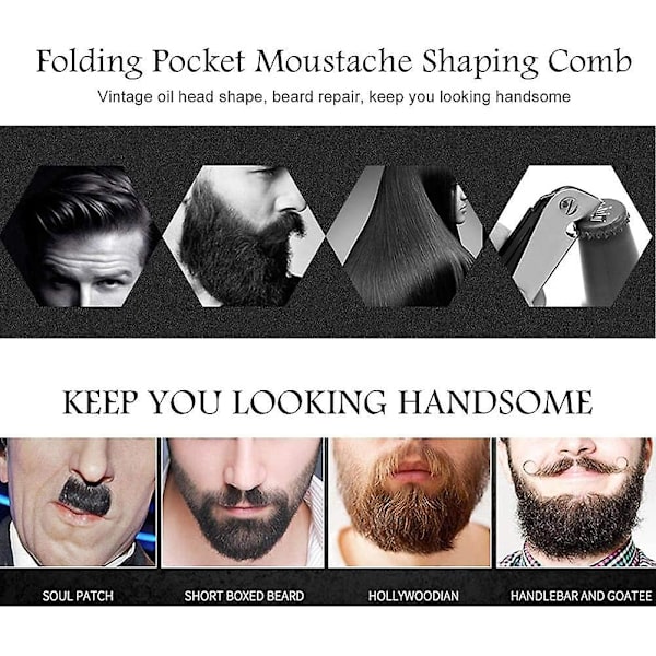 Foldbar skægkam, sammenklappelig kam til mænd, rustfrit stål skægkam, sammenklappelig rund kam, rustfrit stål tænder kam moustache form kam