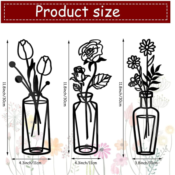 3 stk. Metal Blomster Væg Dekoration Vase Væg Kunst, Sort