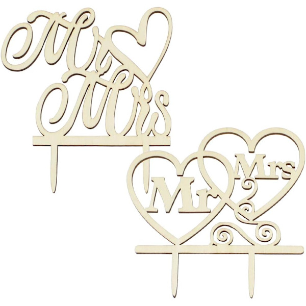 2 stk. Mr & Mrs kagepynt i træ til bryllupskage