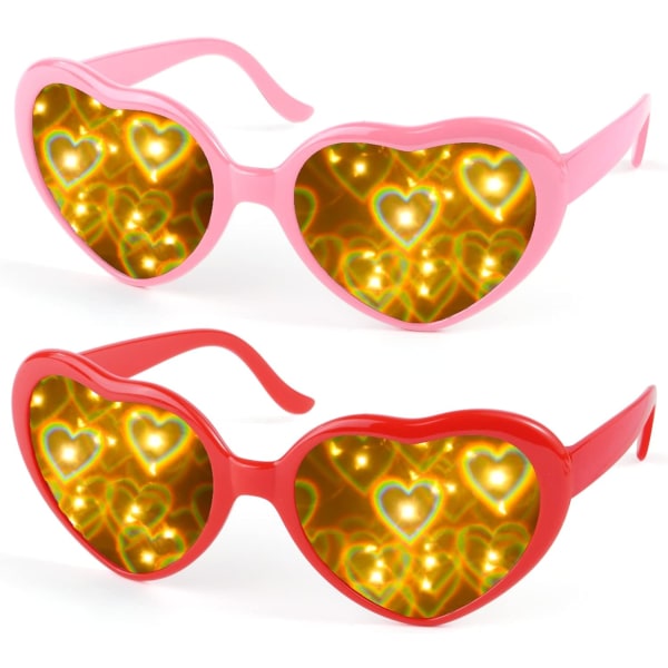 (rød, ett stykke rosa) 2 stk 3D spesialeffekter hjertebriller,