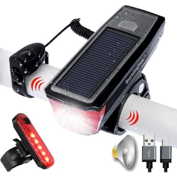 Bike Light and Horn Set Solar Powered USB Rechargeable 4 Mode Bik