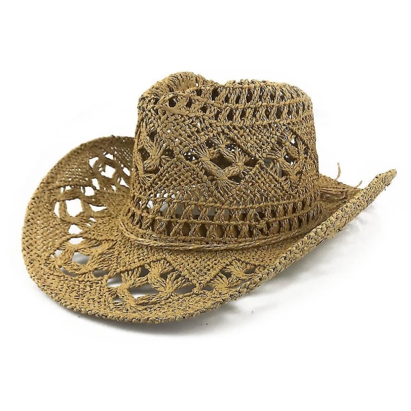 Herr och dam vävd halm cowboyhatt sommar strand solhatt, justerbar (Khaki)