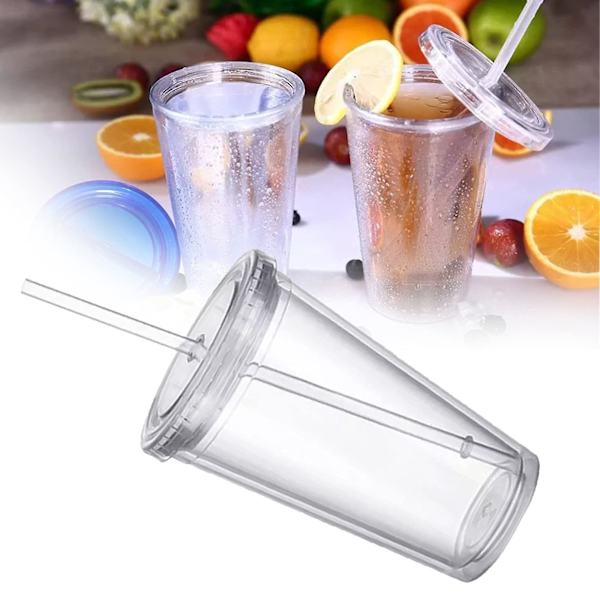 Plastmugg Resmugg Med Sugrör, Dubbelväggig Plastförseglad Mugg Transparent Drickmugg För Fruktjuice Smoothie