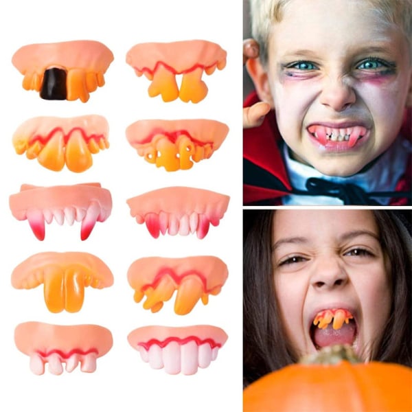 10 stykker Halloween Dæmon tænder Bob Sjove Tænder Halloween Vampyr tænder Gnarly falske tænder til Halloween Maskerade Kostume Party Favor 10 Styles