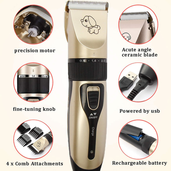 Hundklippare Husdjursskötsel Kit för Små Hundskötsel Verktyg Hårklippare Lågt Ljud Med Metallkam (Platt)