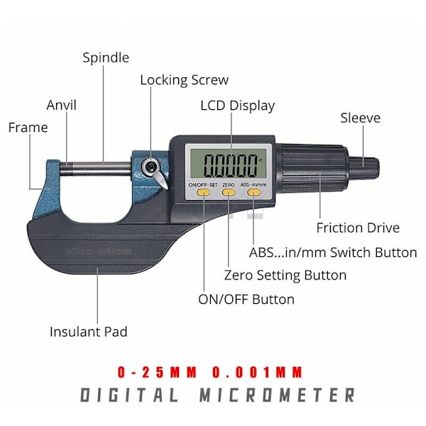 Elektronisk mikrometer Mikrometer Veggtykkelsesmikrometer Digital Mikrometer 0-25mm 0.001MM