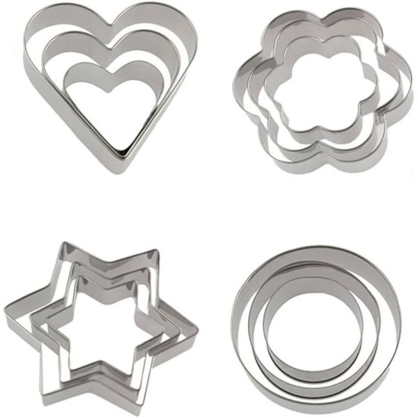Sett med 12 kakeformkuttere, metallkakeformkuttere, rustfritt stål C