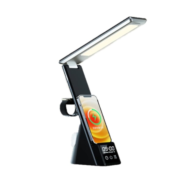 LED-skrivebordslampe 3 i 1 bordlampe 3 dæmpbare niveauer hurtig Qi trådløs oplader foldbar læselampe med ur（sort）