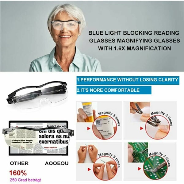 Suurennuslasit 2 LED-valolla, lukusuurennuslasit 160% suurennos