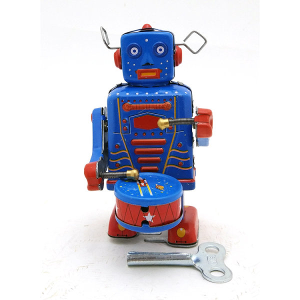 Mekanisk trommerobot, der vikler sig op, tegneserie, antik bliklegetøj, vintage, dekorativt til børn og voksne - robottromme