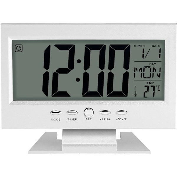 Digital klocka kalender multifunktionell digital LCD skrivbordsalarmklocka med nattlampa och snooze tid/datum/temperatur (Silver)
