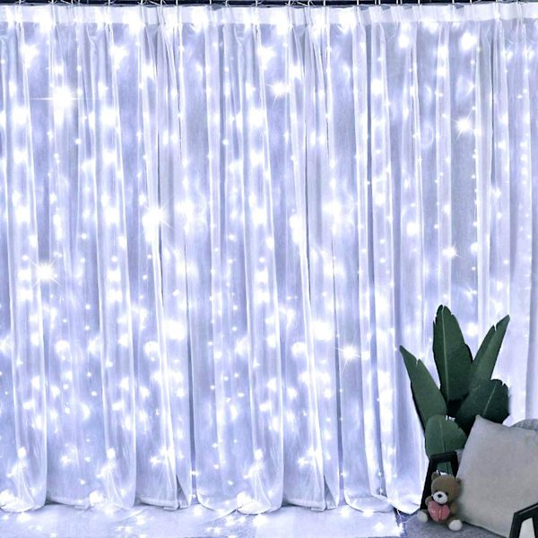 Fönstergardin ljusslinga 300 LED 8 belysningslägen Ljus fjärrkontroll USB-driven Vattentät (vit) 3*3m（3*2M）