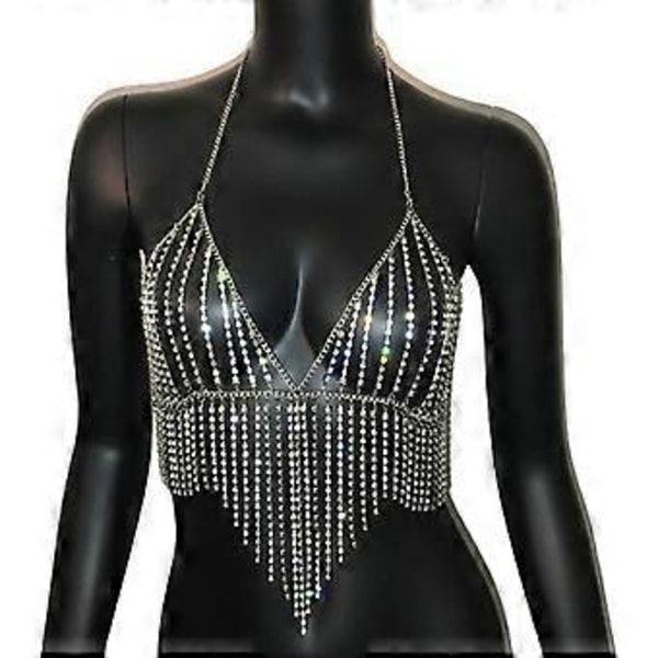 Dam Kristall-BH för Strass Kroppskedjor Brösttofs Smycken för Sommar Strand Nattklubb Party Silver