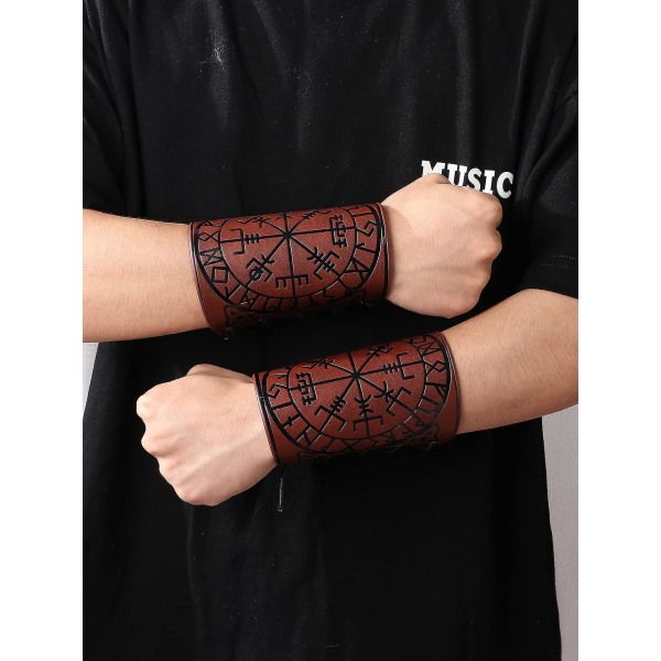 2st Läderhandske Armband Punk Bracer Läderarmskydd Gauntlet Viking Runic Compass Präglade Armbandshållare Medeltida（Brun）
