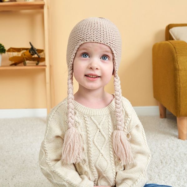 Baby Stickad Pälsboll Mössa Justerbar Flätor Öronskydd Plus Fleece Varm Barnmössa (Khaki)