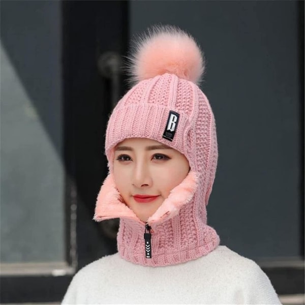 Winter Siamese Windproof Hat, Knitted Wool Hat, Women Wool Knitted Ski Sets, Thick Siamese Scarf Collar Warm Hat（Pink）