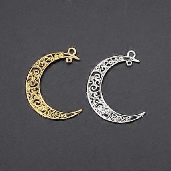 10 Stycken Legering Ihåliga Månformade Berlocker Hängen Lunar Halvmåne Symbol Filigran Hängen för Att Göra Armband & Halsband Silver