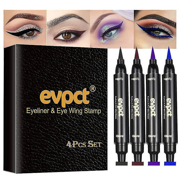4 väriä siivekäs eyeliner-leimasinsetti, siipi vedenpitävä eyeliner-leimasintyökalu Wingliner, musta punainen vaaleanpunainen vihreä（B）
