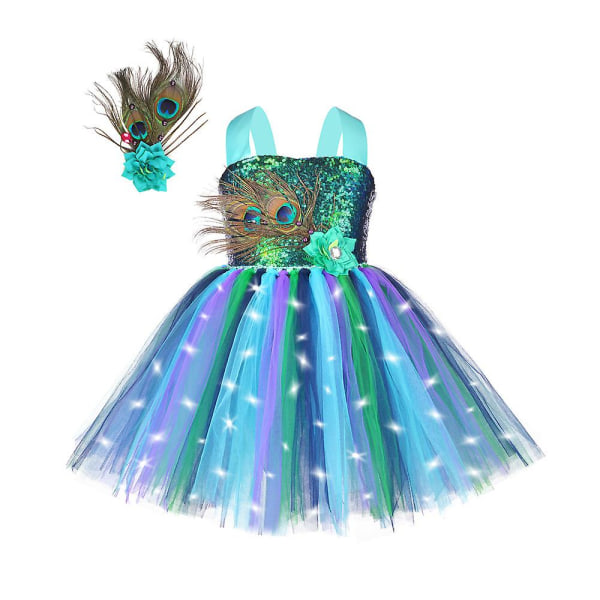 Led Girls Peacock Princess Costume Tutu-klänning Balett Tutu-kjol för barnfest jul（XL(7-8Y)）