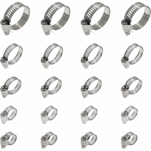 20 st slangklämmor, 16-25 mm justerbar slangklämma, 304 rostfritt stål