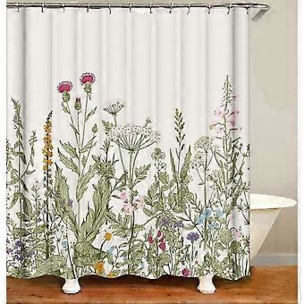 Blomstret bruseforhæng med pink blomster & grøn plante, Vaskbar 3D-print botanisk, Inkluderer 12 kroge, Til badeværelsesindretning 180 x 180 cm (71\" x 71\")