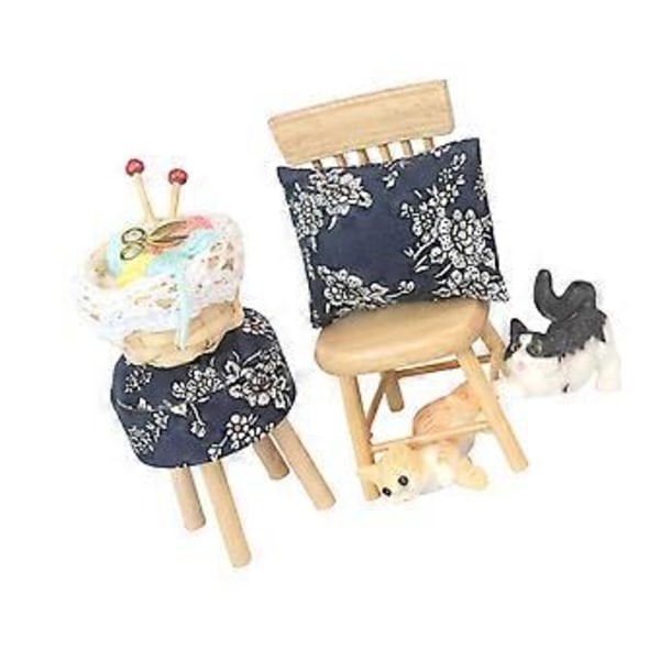 1/12 Dockhus Miniatyr Stolsset Trämöbelset med Katter Mini Födelsedagspresenter Mini Rund Pall Stol Leksak för Barn (Stil D)