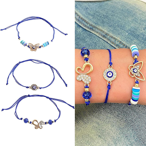 3 stk. Ondt Øye Justerbart Armbånd Håndlaget Blått Flettet Tau