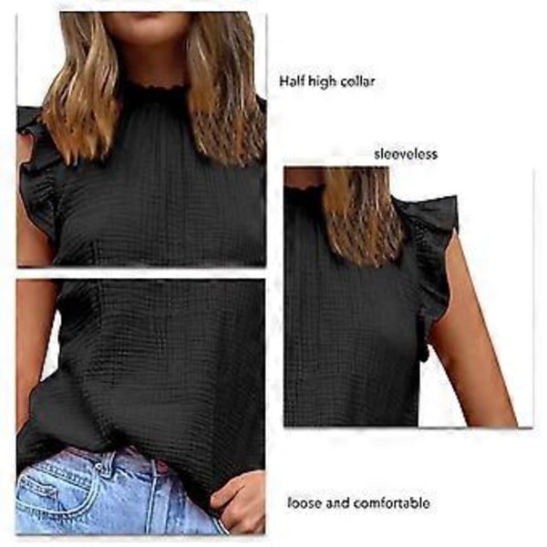 Ermeløs volangbluse, ensfarget, rund hals, plissert tanktopp med volanger for kvinner, dame, jente (svart) Black